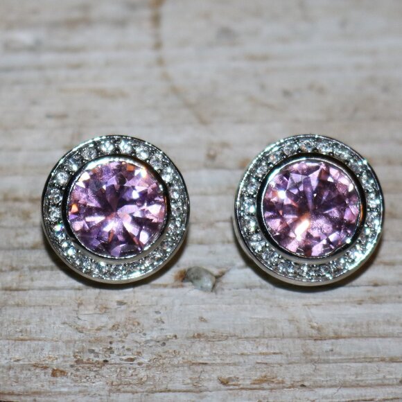 Designer Like DY Round Purple Stone w Crystals Stud Earrings NEW! - Picture 3 of 4